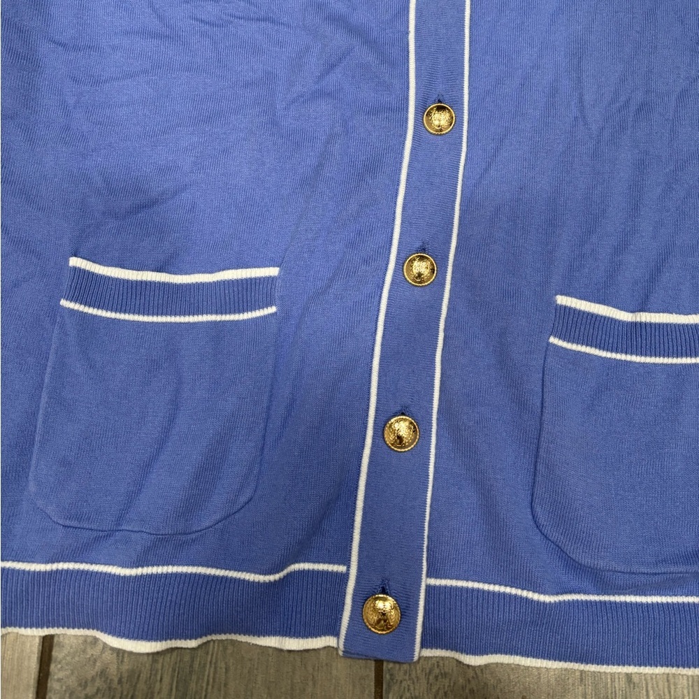 Isaac Mizrahi Live! Relaxed Sweater Cardigan with Tipped Trim Periwinklekle - Picture 3 of 6